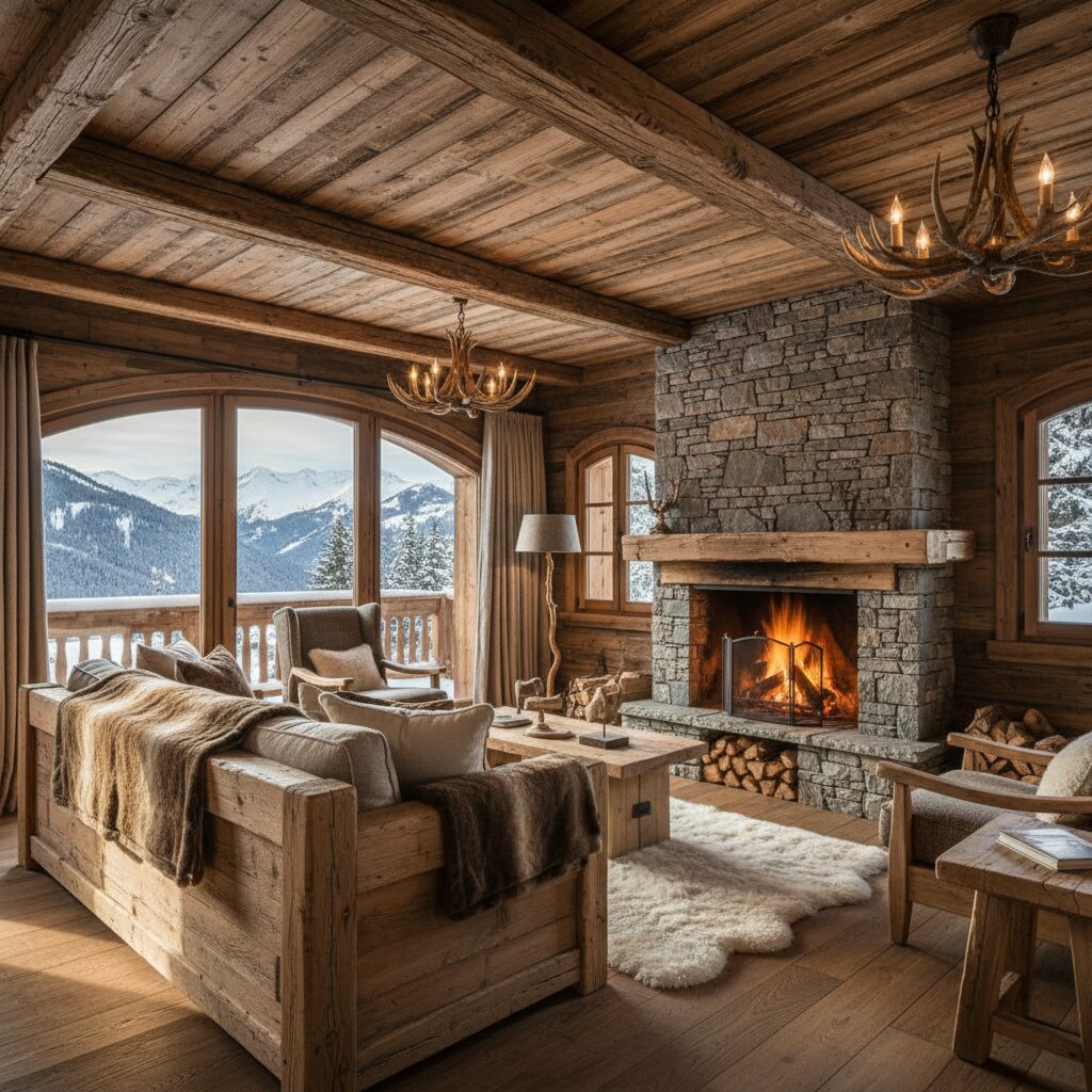 découvrez notre inspiration pour un salon de chalet savoyard alliant cheminée chaleureuse et bois brut, pour une ambiance authentique et conviviale.