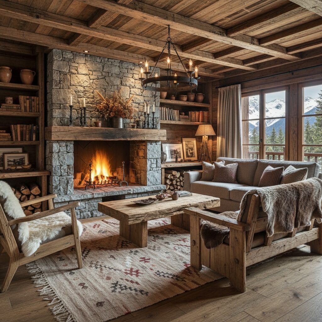 découvrez notre inspiration pour un salon chalet savoyard alliant cheminée chaleureuse et bois brut, pour une ambiance cosy et authentique.
